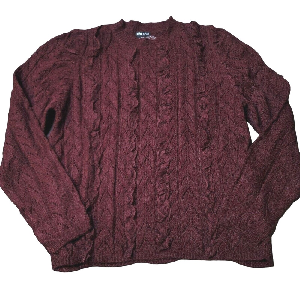 City‎ Chic Sweater Maroon Pullover Long Sleeve Crew Neck Ruffle Preppy 14